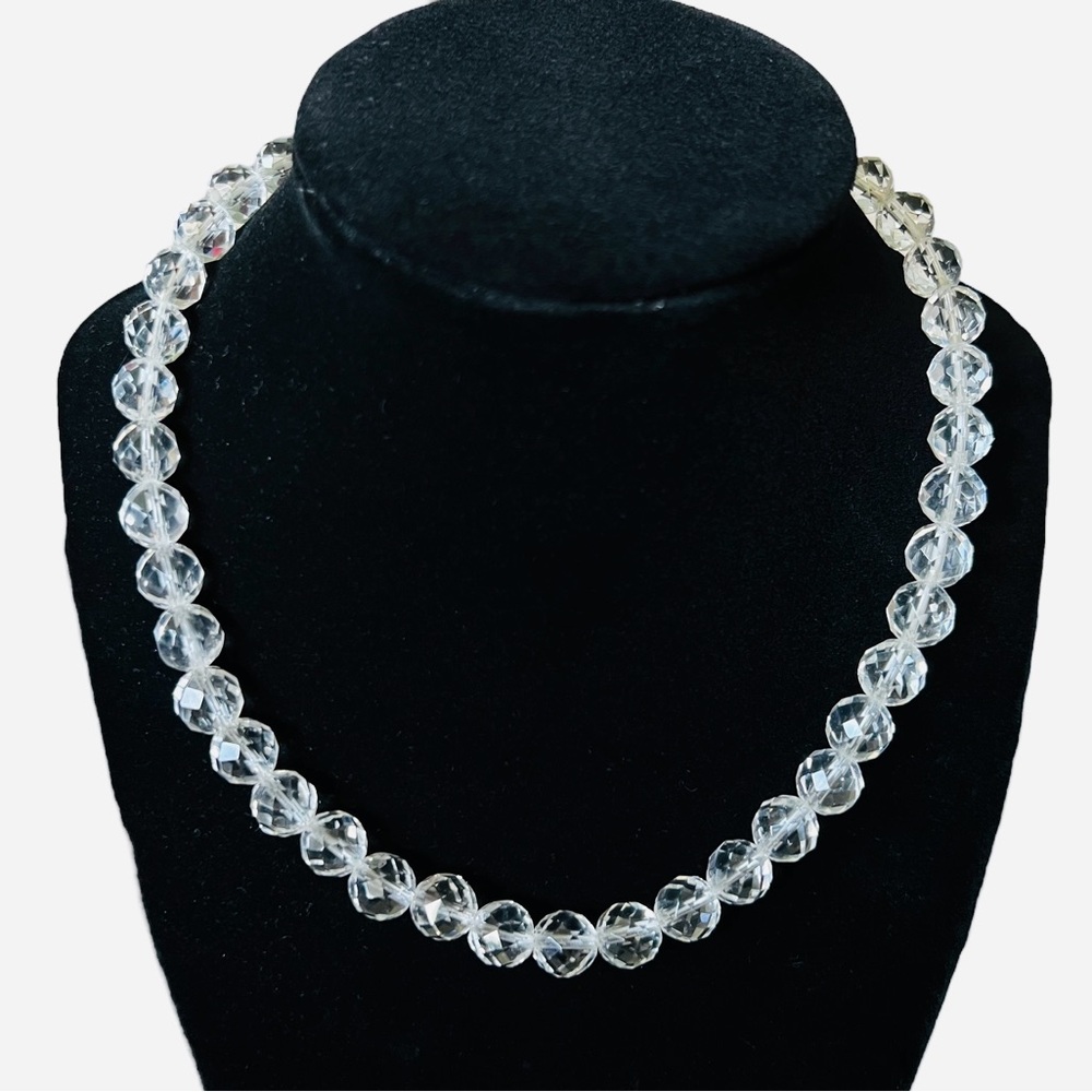 Vintage Clear Faceted Graduated Glass Crystal Bead Necklace with Silver Clasp